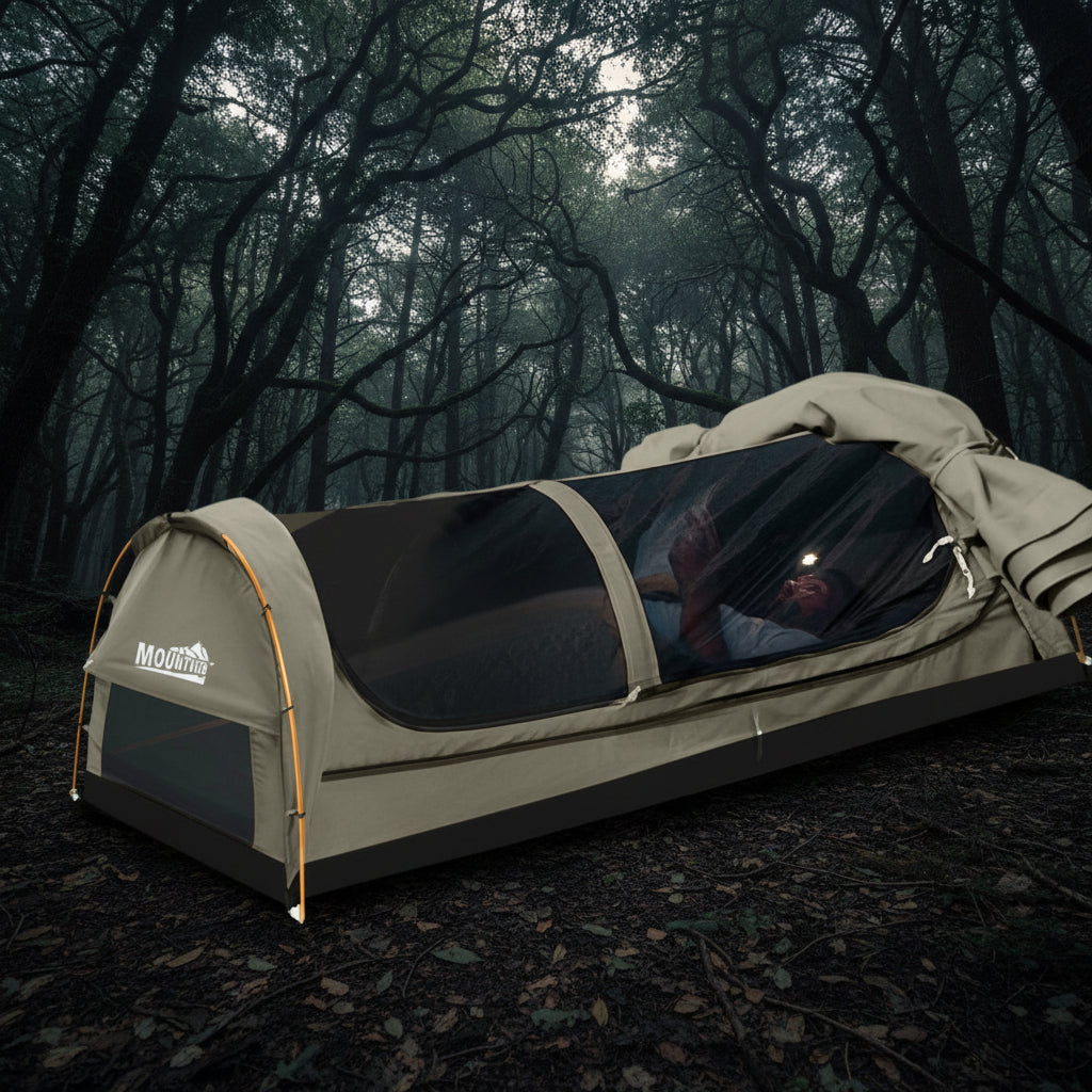 Mountview King Single Camping Swag — Toile Ripstop Déperlante, Sol PVC Imperméable, Matelas 6cm & Moustiquaire