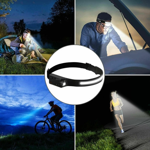 Lampe Frontale LED COB Rechargeable USB — Bandeau Ajustable, Éclairage 350LM, Mode Capteur & Étanche IPX5, Idéale Camping & Travail