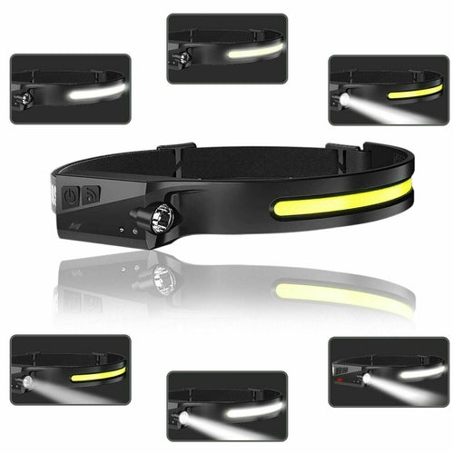 Lampe Frontale LED COB Rechargeable USB — Bandeau Ajustable, Éclairage 350LM, Mode Capteur & Étanche IPX5, Idéale Camping & Travail
