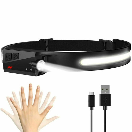 Lampe Frontale LED COB Rechargeable USB — Bandeau Ajustable, Éclairage 350LM, Mode Capteur & Étanche IPX5, Idéale Camping & Travail
