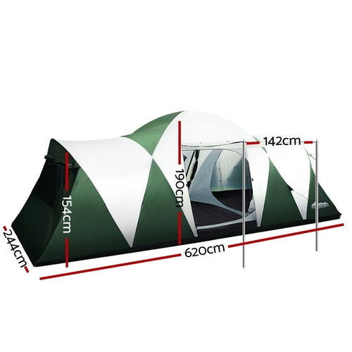 Tente Dôme Weisshorn 12 Personnes — 2 Chambres Privées, Grand Espace Central, 190T PU 3000 mm, Tente Imperméable UV, Vert