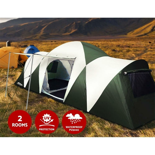 Tente Dôme Weisshorn 12 Personnes — 2 Chambres Privées, Grand Espace Central, 190T PU 3000 mm, Tente Imperméable UV, Vert