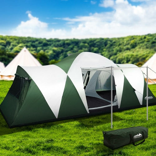 Tente Dôme Weisshorn 12 Personnes — 2 Chambres Privées, Grand Espace Central, 190T PU 3000 mm, Tente Imperméable UV, Vert