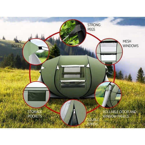 Tente Pop-Up Weisshorn 5 Personnes — Tente Instantanée 1 Seconde, Armature Acier, 190T PU 3000 mm, Vert