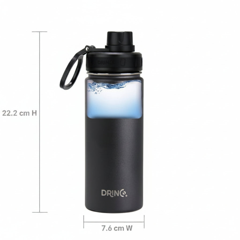 Gourde Sport DRINCO 18 oz en Acier Inoxydable 18/8 — Noire, Isotherme Double Paroi
