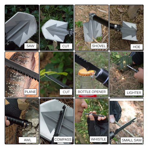 Pelle Multi-Fonctions Outdoor Pliable — Outil de Survie 4 en 1 (Pelle, Hache, Scie, Crowbar…) en Acier Carbone, Manche Réglable, Sac de Rangement — 48 × 10,5 cm, 540 g