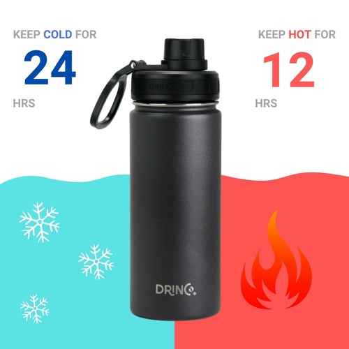Gourde Sport DRINCO 18 oz en Acier Inoxydable 18/8 — Noire, Isotherme Double Paroi