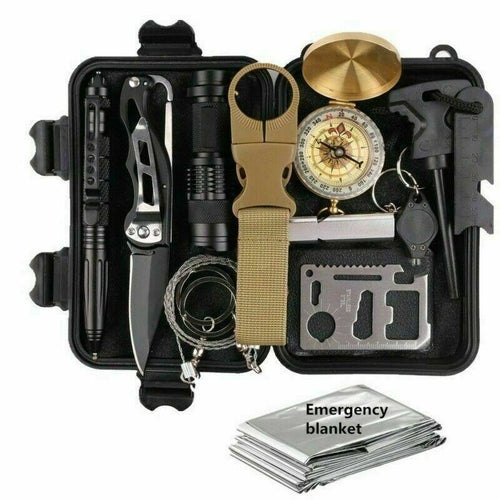 Kit de Survie d’Urgence 14 en 1 SOS EDC — Outils Tactiques & Accessoires Camping/Randonnée, Boîtier Noir Étanche