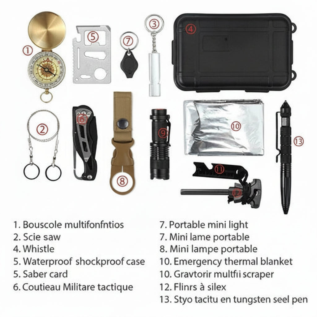 Kit de Survie d’Urgence 14 en 1 SOS EDC — Outils Tactiques & Accessoires Camping/Randonnée, Boîtier Noir Étanche