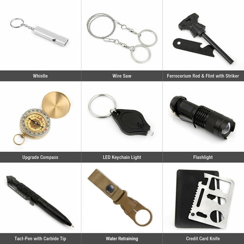 Kit de Survie d’Urgence 14 en 1 SOS EDC — Outils Tactiques & Accessoires Camping/Randonnée, Boîtier Noir Étanche